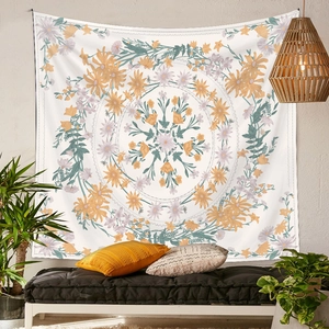 Close-up of yellow and green mandala tapestry hanging above a wooden bench in a living room