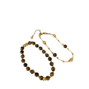 18K gold plated tiger eye beaded bracelet set with adjustable 18KGP chain and charm