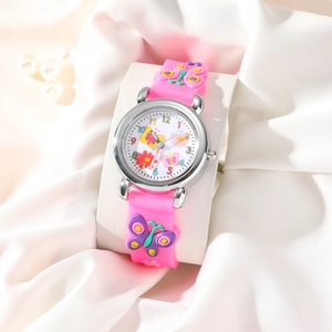 Close-up of pink silicone kids watch with 3D butterfly patterns and floral dial design