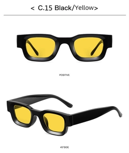 Detailed views of square punk sunglasses with black frames and vibrant yellow lenses
