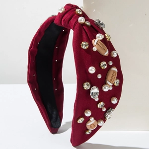 Knotted wine red headband with rhinestones, pearls and American football accessories