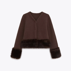 Damen Strickcardigan Jacke Kunstpelz Patchwork V-Ausschnitt Langarm Elegant Herbst Winter Streetwear Polyester Mantel