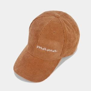 Vintage brown corduroy baseball cap with white MAMA embroidery for casual street style