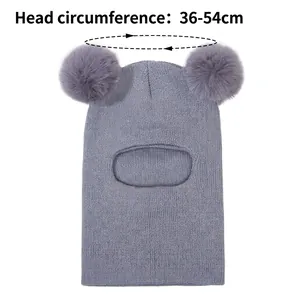 Grey knit balaclava for kids with dual pom-poms, 36-54cm head circumference
