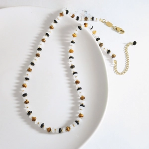 Handmade beaded necklace with black agate, white jade, and tiger eye stone for women