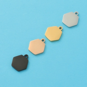 Polished hexagonal stainless steel pendants in black, rose gold, gold, and silver finishes