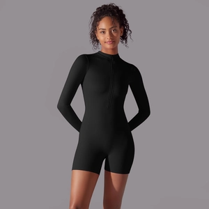 Detail of high-elastic black long sleeve bodysuit with stand collar and front zipper
