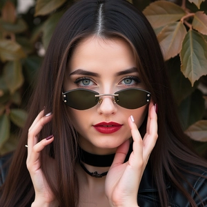 Close-up of diamond cut rimless sunglasses with gold bridge on a fashion model