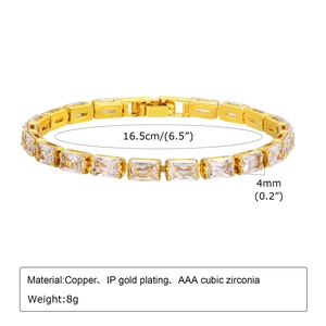Detail shot of golden tennis bracelet with AAA cubic zirconia showing 4mm width and length