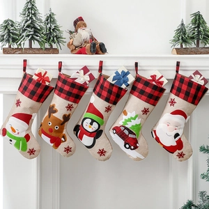 Christmas Stockings Buffalo Plaid Linen Burlap Hanging Gift Bags Santa Snowman Reindeer Car Holiday Decor Family Party
