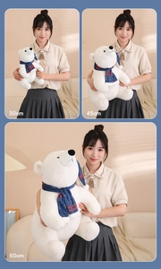 Christmas polar bear plush with blue scarf in 30cm, 45cm, and 60cm size comparison