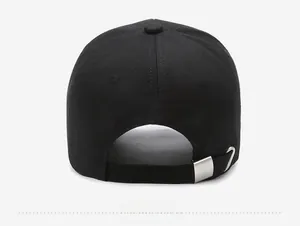 Rear view of black cotton baseball cap showing adjustable silver metal buckle detail