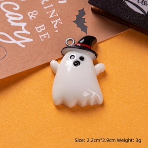 Detail of white resin ghost pendant with black wizard hat and dimensions 2.2x2.9cm
