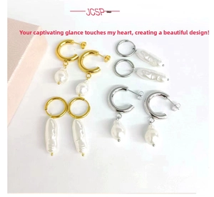 Flat lay of four pairs of 18K gold and silver C-shaped earrings with baroque pearls