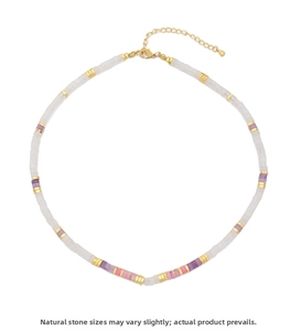 Detail view of handmade beaded necklace with natural stones and adjustable gold clasp