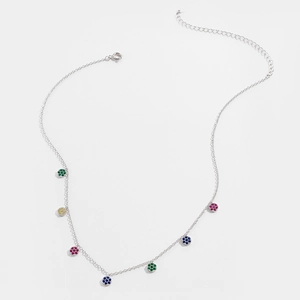 S925 silver chain necklace featuring colorful round crystal charms on a white background