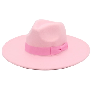 Elegant light pink wide-brim wool felt jazz hat with a dark pink ribbon bow decoration
