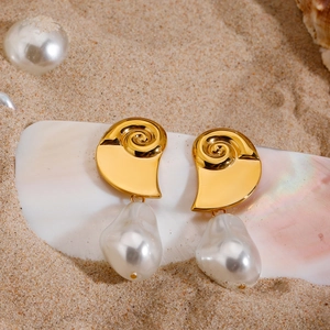 18K gold plated stainless steel nautilus earrings with natural baroque pearls