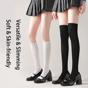 Chaussettes Hautes Femme Genou Mollet Coton Respirant Élastique Nervuré Couleur Unie Style Preppy JK