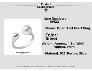 Detail view of S925 silver open ring with dimensions: 9mm width and 4.3g weight