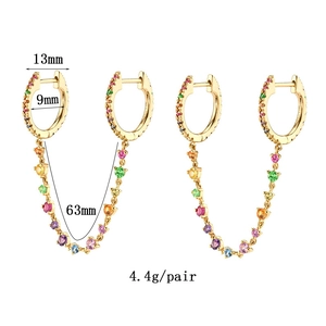 Detailed view of colorful zircon double hoop earrings with size 13mm and 63mm chain