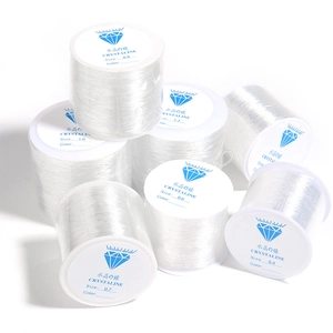 Stack of clear elastic crystal string spools in various sizes for DIY jewelry making