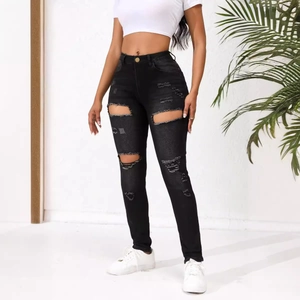 Jean Skinny Déchiré Femme Haute Élasticité Distressed Noir Slim Fit Denim Pantalon Long Mode Streetwear