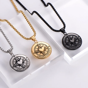 Vintage stainless steel round necklaces in silver gold and black with heart compass charm