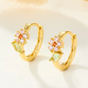 S925 silver gold hoop earrings with micro-set floral leaves and pastel zircon stones