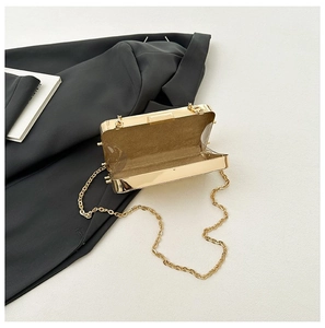 Close-up of golden metallic evening bag showing detailed chain strap and velvet lining