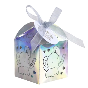 Iridescent laser-cut hollow elephant candy box with white ribbon and thank you tag
