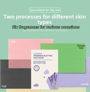 Detail of premium linen pulp oil-absorbing sheets showing lavender and various scent packs