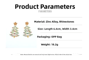 Detailed view of large Christmas tree drop earrings with colorful rhinestones on gold alloy