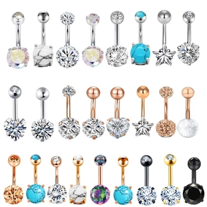 Set of stainless steel belly button rings with zircon stones in various shapes and colors