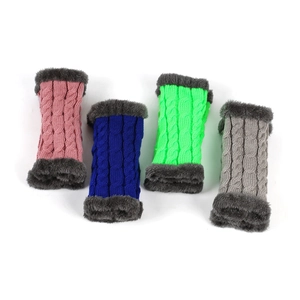 Detailed cable knit leg warmers in pink, blue, green, and gray with dark faux fur trim