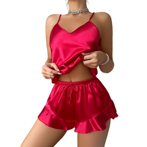 Women red silk satin pajamas set with V-neck camisole and ruffled shorts loungewear