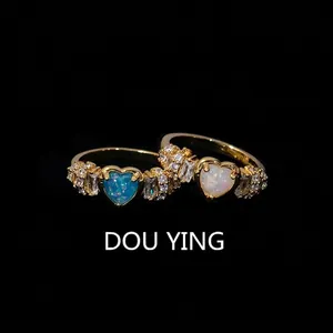 Heart Shape Imitation Opal Ring Copper Cubic Zirconia Vintage French Style Elegant Niche Jewelry Adjustable Finger Ring