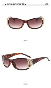 Front and 45-degree side view of demi and double tea tortoise rectangle sunglasses