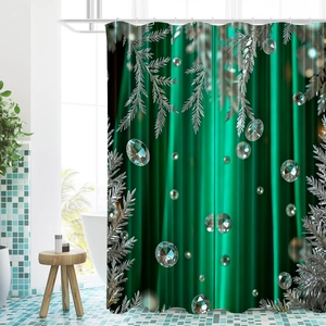 Detail view of emerald green Christmas shower curtain with silver pine and diamond motifs