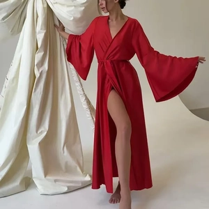 Elegant red satin long bathrobe with wide flared sleeves and side slit design