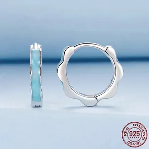 S925 sterling silver hoop earrings with light blue enamel petal-shaped textured design