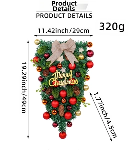 Christmas teardrop swag with pine needles, red gold baubles, and Merry Christmas sign