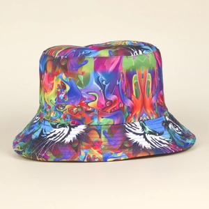 Reversible bucket hat featuring vibrant colorful flame print and artistic abstract patterns