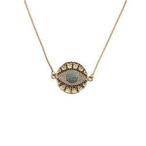 Evil Eye Round Pendant Necklace Gold Plated Copper With Blue Zircon Rhinestone Fashion Adjustable Box Chain For Women