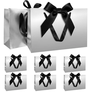 Set of 8 premium silver metallic gift bags with large black decorative satin bows