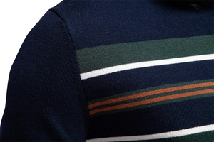 Detail of navy blue striped knit sweater showing texture and neckline craftsmanship