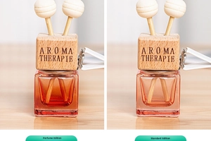 Detailed comparison of square glass car perfume bottles with wooden caps and vent clips