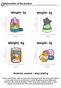 Détail de badges chat en émail en forme de flacons avec dimensions et poids précis