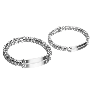 Pair of polished stainless steel Cuban ID bracelets with engravable plates for couples