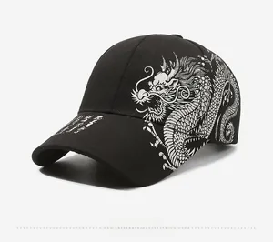 Detail of white dragon embroidery on black cotton baseball cap with stylish side view